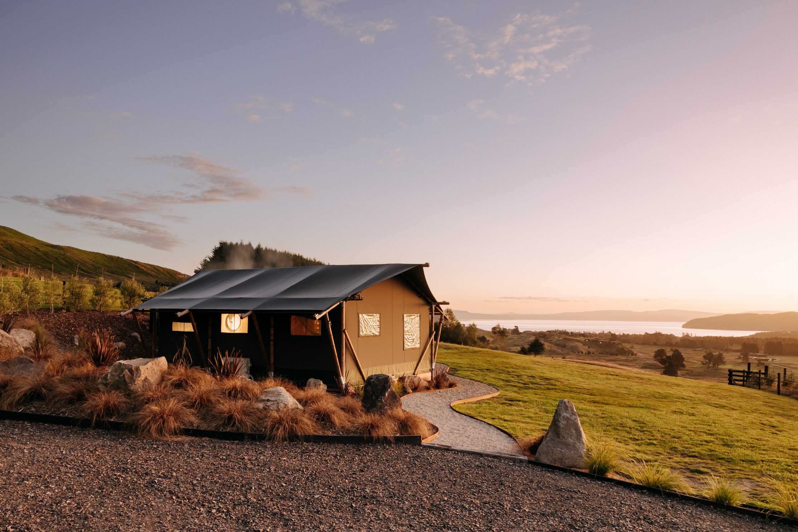 Luxury glamping tent at dusk, Lochview
